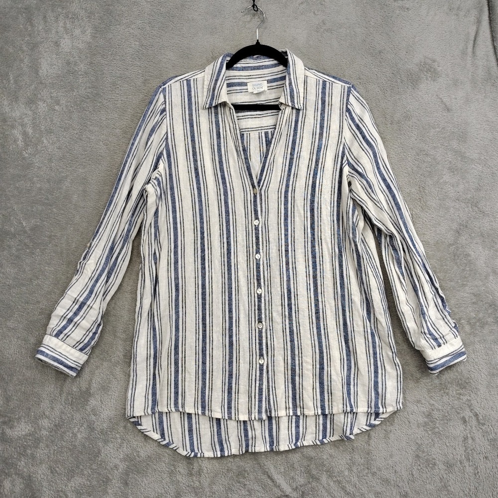 Sigrid Olsen Womens Linen BlendTop Sz S Striped V-Neck Button Up Roll Tab Sleeve